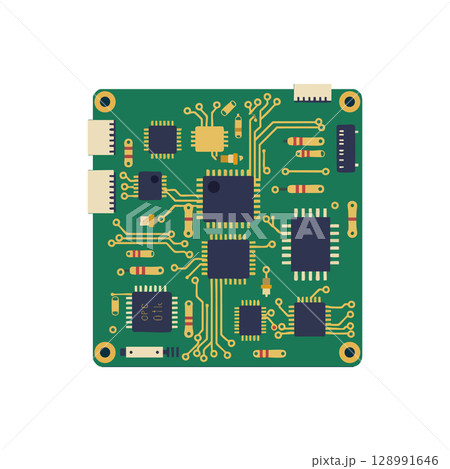 Electronic circuit board with microchips and resistors technology vector illustration 128991646