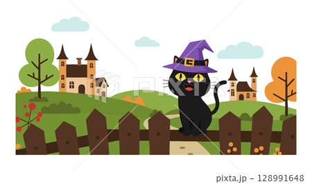 Black cat wearing witch hat in countryside with castles and trees vector illustration Black cat wearing witch hat in countryside with castles and trees vector illustration 128991648
