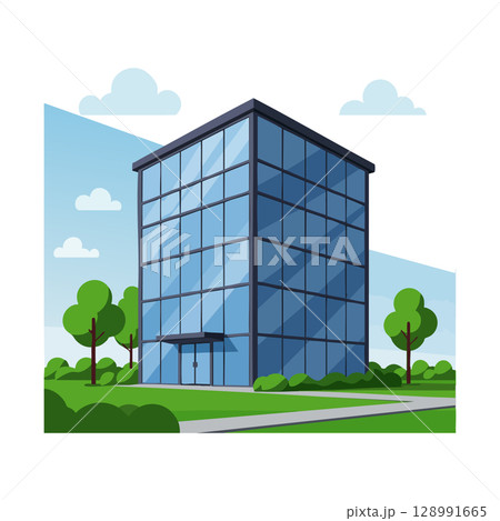 Modern glass office building with green trees and blue sky vector illustration Modern glass office building with green trees and blue sky vector illustration 128991665
