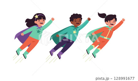 Children Flying with Superhero Capes Illustration in Bright Colors Vector 128991677