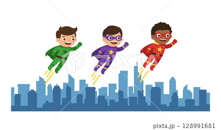 Children Flying in Superhero Costumes Over City Skyline Colorful Vector Illustration 128991681
