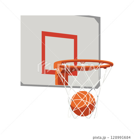 Basketball hoop with orange ball going through white net vector illustration 128991684