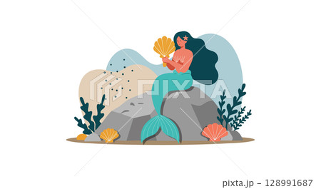 Mermaid Sitting on Rock Holding Shell in Ocean Scene with Plants Vector Illustration Mermaid Sitting on Rock Holding Shell in Ocean Scene with Plants Vector Illustration 128991687