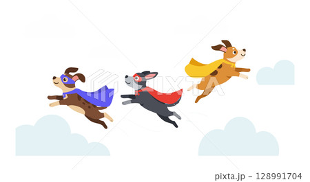 Three Flying Dogs with Colorful Capes Vector Illustration with Blue Red Yellow Accents 128991704