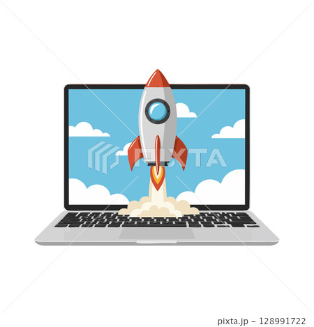 Rocket Launching from Laptop Screen Technology Innovation Concept Illustration 128991722