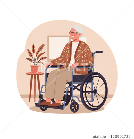 Elderly woman sitting in wheelchair indoor with houseplant and smiling expression vector illustration 128991723
