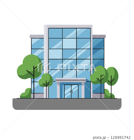 Modern office building with glass windows and surrounding green trees vector illustration Modern office building with glass windows and surrounding green trees vector illustration 128991742