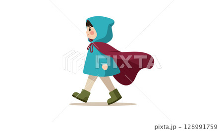 Child walking with blue hooded coat and red cape vector illustration 128991759