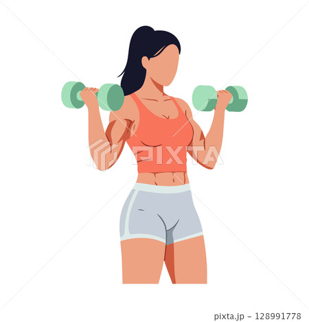 Woman lifting dumbbells for fitness workout with athletic wear and ponytail hairstyle 128991778