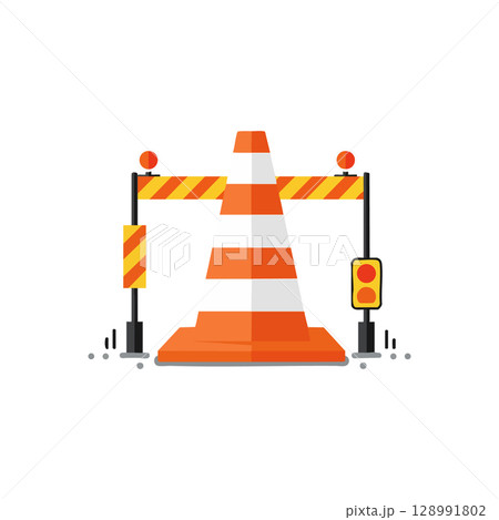 Traffic cone with barricade and warning lights for road safety vector illustration Traffic cone with barricade and warning lights for road safety vector illustration 128991802