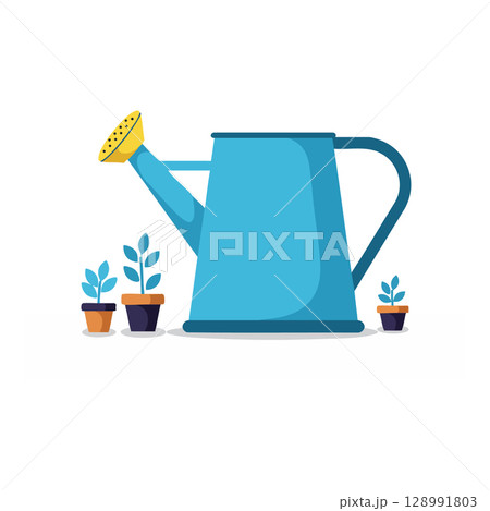 Blue watering can with small potted plants gardening tool vector illustration Blue watering can with small potted plants gardening tool vector illustration 128991803