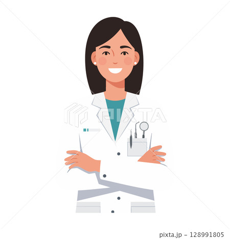 Female Doctor Wearing White Lab Coat with Medical Tools and Arms Crossed Vector Illustration 128991805