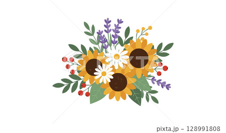 Sunflower and Daisy Floral Bouquet with Lavender and Red Berries Vector Illustration Sunflower and Daisy Floral Bouquet with Lavender and Red Berries Vector Illustration 128991808