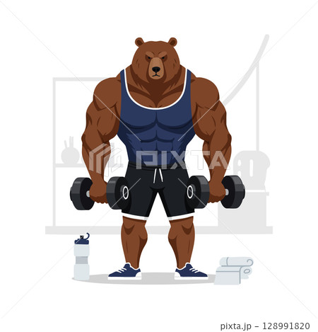 Muscular bear character lifting dumbbells in gym workout fitness illustration Muscular bear character lifting dumbbells in gym workout fitness illustration 128991820