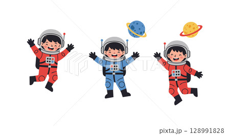 Three Kids Wearing Space Suits with Planets in Cartoon Style Vector Illustration Three Kids Wearing Space Suits with Planets in Cartoon Style Vector Illustration 128991828