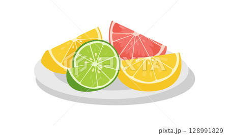 Citrus Fruit Slices Plate with Lemon Lime and Grapefruit Vector Illustration 128991829