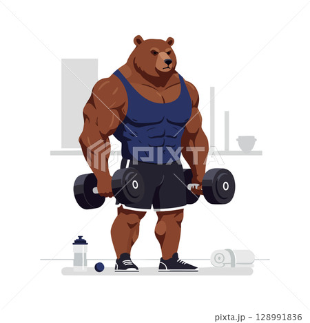 Muscular bear lifting dumbbells in gym workout fitness training vector illustration 128991836