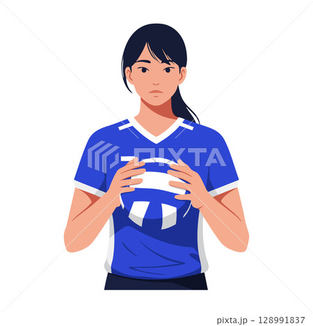 Female volleyball player holding ball in blue jersey focused on game vector illustration Female volleyball player holding ball in blue jersey focused on game vector illustration 128991837