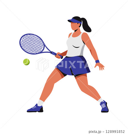 Female tennis player hitting ball with racket in dynamic action pose vector illustration 128991852