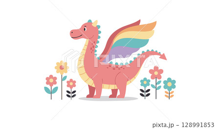 Cute pink dragon with rainbow wings and colorful flowers vector illustration 128991853