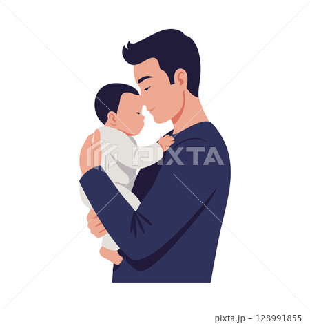 Father holding baby close in tender moment with white and navy blue clothes vector illustration Father holding baby close in tender moment with white and navy blue clothes vector illustration 128991855