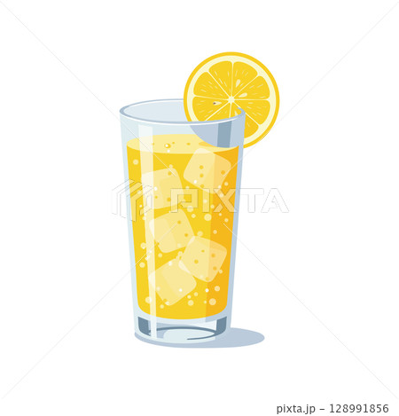 Glass of refreshing orange juice with ice cubes and lemon slice vector illustration 128991856