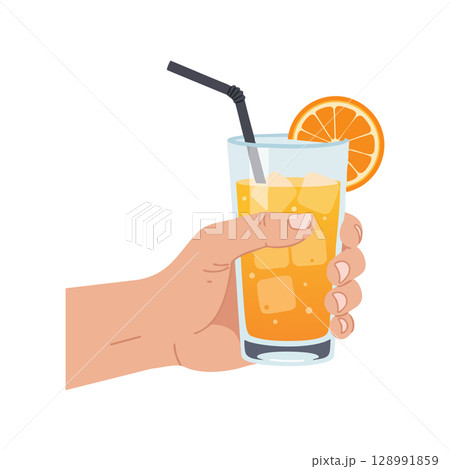 Hand Holding Glass of Orange Juice with Ice Cubes and Straw Vector Illustration Hand Holding Glass of Orange Juice with Ice Cubes and Straw Vector Illustration 128991859