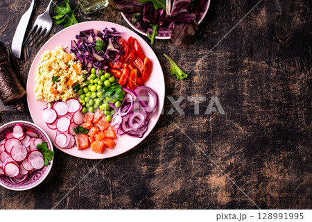 Balanced healthy bowl with vegetables and salmon Balanced healthy bowl with vegetables and salmon 128991995