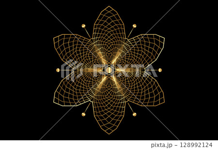 Seed of life symbol Sacred Geometry. Gold Logo icon  Geometric mystic mandala of alchemy esoteric Flower of Life. Interlaced gold circles, vector divine meditative amulet isolated on black background 128992124