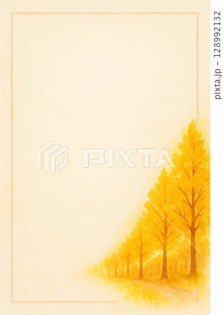 ポストカード　紅葉のイチョウ並木 128992132