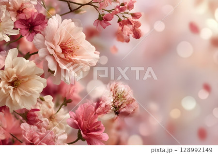 Beautiful spring flowers, in shades of pink and cream, open softly, with delicate petals drifting down, creating a serene and lovely scene for appreciation. 128992149