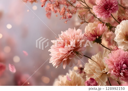 Gentle pink and white blooms unfurl, presenting a lovely floral tribute perfect for honoring mothers on their special day. 128992150