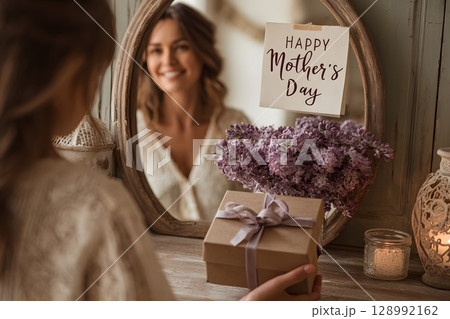 A happy mother celebrates Mother's Day, smiling at her reflection while holding a special gift, fresh flowers, and warm candlelight. 128992162