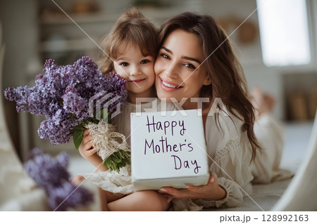A joyful mother and her sweet child share a happy moment celebrating Mother's Day, holding a sign and beautiful lilac flowers. 128992163