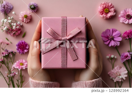 Gently held pink gift box with a bow, surrounded by various vibrant flowers, celebrating a mother's special day. 128992164
