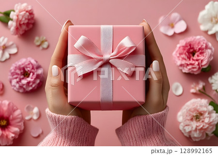 Hands gently present a beautiful pink gift box tied with a ribbon, surrounded by lovely blooming flowers, celebrating a special Mother's Day. 128992165