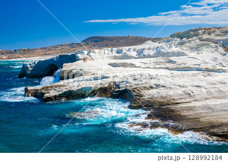 White chalk cliffs in Sarakiniko, Milos island, Cyclades, Greece 128992184