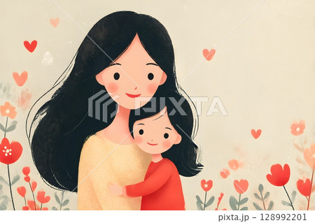 A caring mother gently embraces her joyful child, surrounded by vibrant flowers and floating hearts, celebrating their sweet bond. 128992201