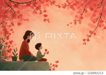 Mother and child enjoy a quiet moment outdoors, surrounded by pink flowers, the child offering a blossom, symbolizing love and appreciation on this special day. 128992213