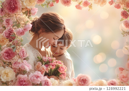 A mother embraces her child surrounded by beautiful blooming flowers, sharing a tender moment on a bright celebratory day. 128992221