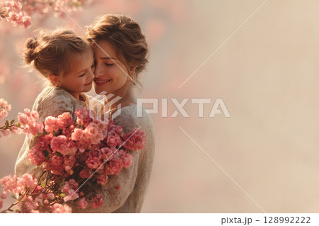 A loving mother embraces her happy little daughter among beautiful pink flowers, celebrating the warmth of their bond on a special day. A loving mother embraces her happy little daughter among beautiful pink flowers, celebrating the warmth of their bond on a special day. 128992222