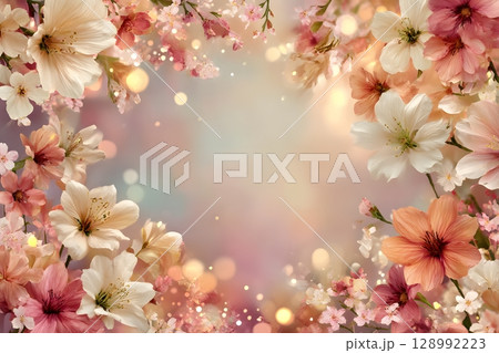 Lush pastel flowers in bloom with shimmering glowing lights elegantly frame a gentle background, perfect for a heartwarming seasonal celebration. Lush pastel flowers in bloom with shimmering glowing lights elegantly frame a gentle background, perfect for a heartwarming seasonal celebration. 128992223