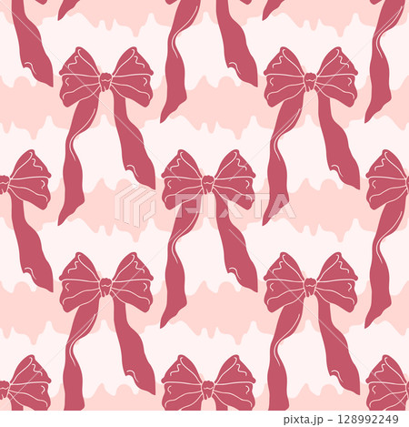 Seamless pattern with cute hand drawn fancy pink bow knots. Pretty retro coquettes wallpaper. Vintage romantic repeat background for wedding, birthday or Valentines decoration 128992249