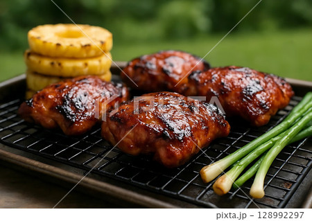 Grilled Pineapple Chicken with Green Onions 128992297