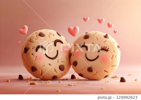 A cute illustration of two smiling chocolate chip cookies with blushing cheeks, surrounded by floating hearts. The warm, pink background enhances the sweet and loving theme. A cute illustration of two smiling chocolate chip cookies with blushing cheeks, surrounded by floating hearts. The warm, pink background enhances the sweet and loving theme. 128992623