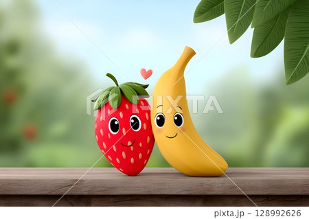 A delightful illustration of a cartoon strawberry and banana with smiling faces, leaning against each other, set against a blurred natural background.  128992626