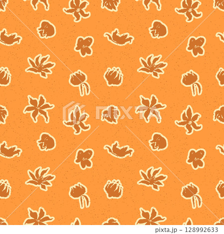 Hand drawn abstract orange loose floral grunge seamless pattern. Flowers and leaves organic rough shapes botanical repeat background for textile 128992633