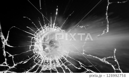 Close-up of gunshot through the glass, shattering against the black background Close-up of gunshot through the glass, shattering against the black background 128992758