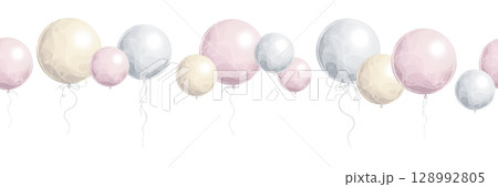 Seamless border with pastel helium balloons and curling ribbons. Hand-painted watercolor illustration. Decorative repeating edge for kids party design, gift wrap, baby-themed projects 128992805