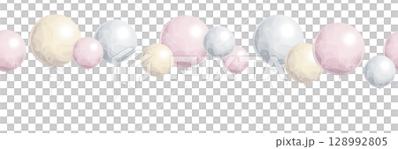Seamless border with pastel helium balloons and curling ribbons. Hand-painted watercolor illustration. Decorative repeating edge for kids party design, gift wrap, baby-themed projects 128992805